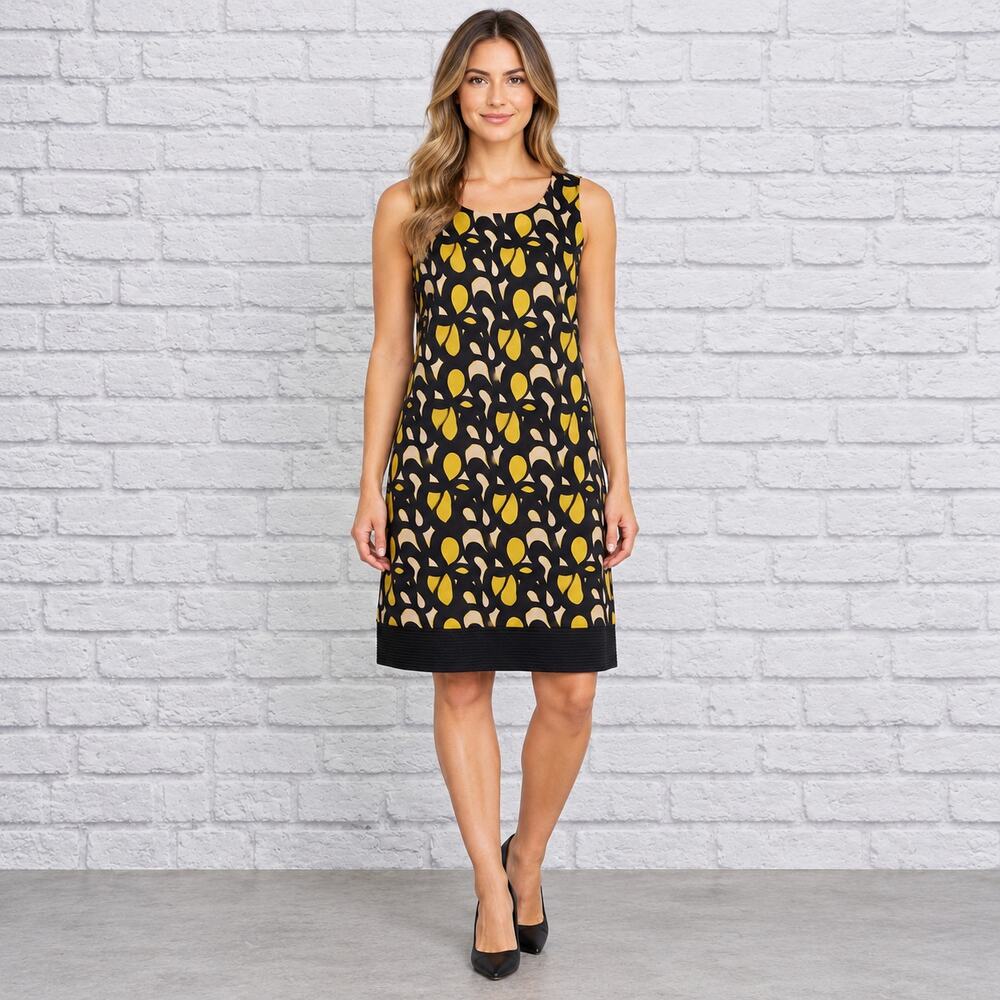 Molly New York Y2K Silk Shift Dress Size 8 Mustard Yellow Black Abstract Retro